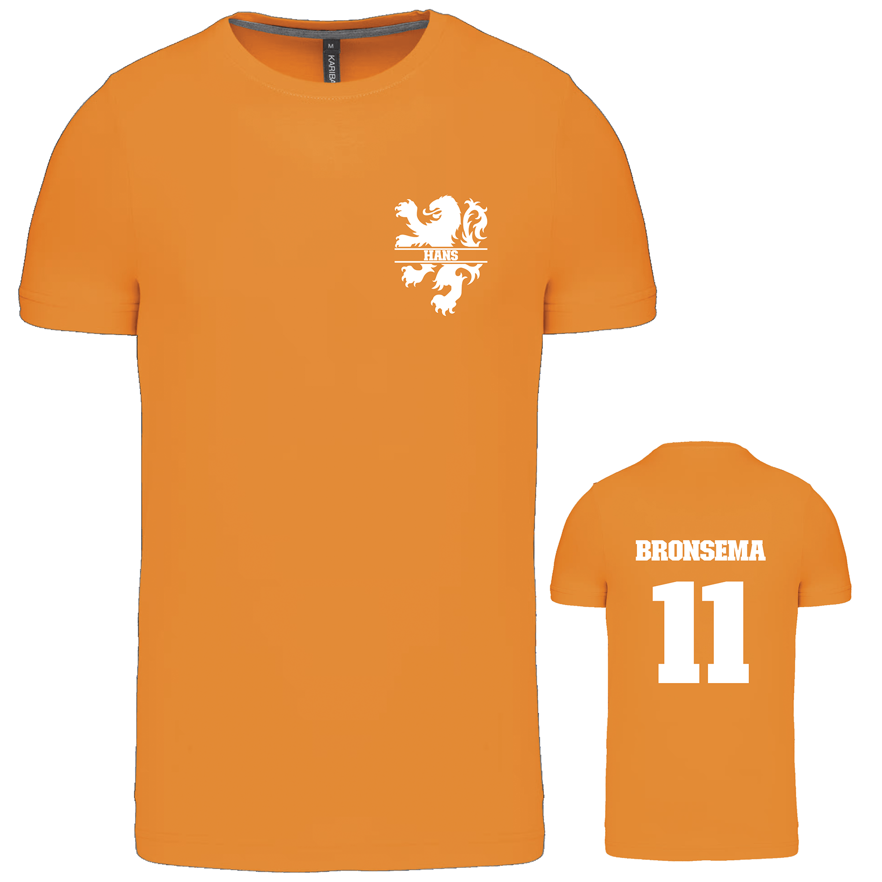 Gepersonaliseerd oranje T-shirt met naam en rugnummer.